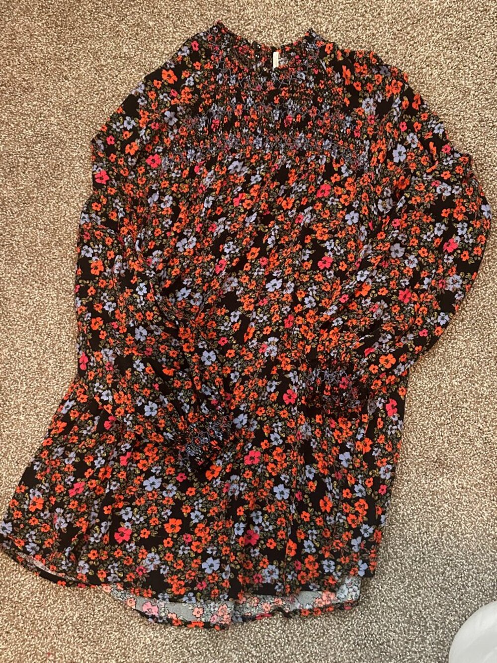 Free People Floral Smocked High Neck Boho Blouse Size S